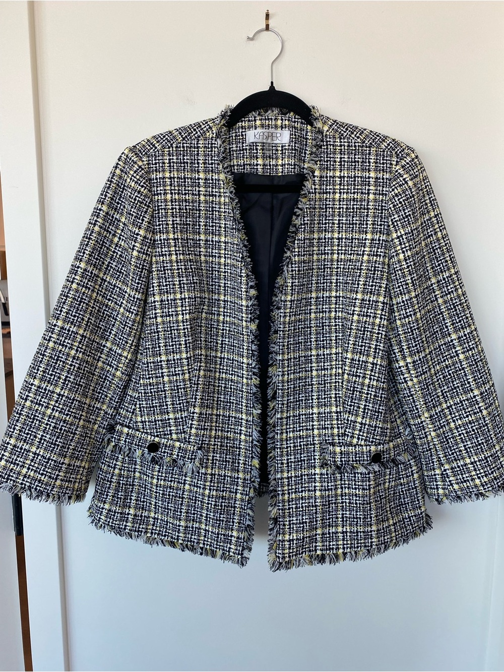 Kasper Black White and Pale Yellow Tweed Fringe Blazer